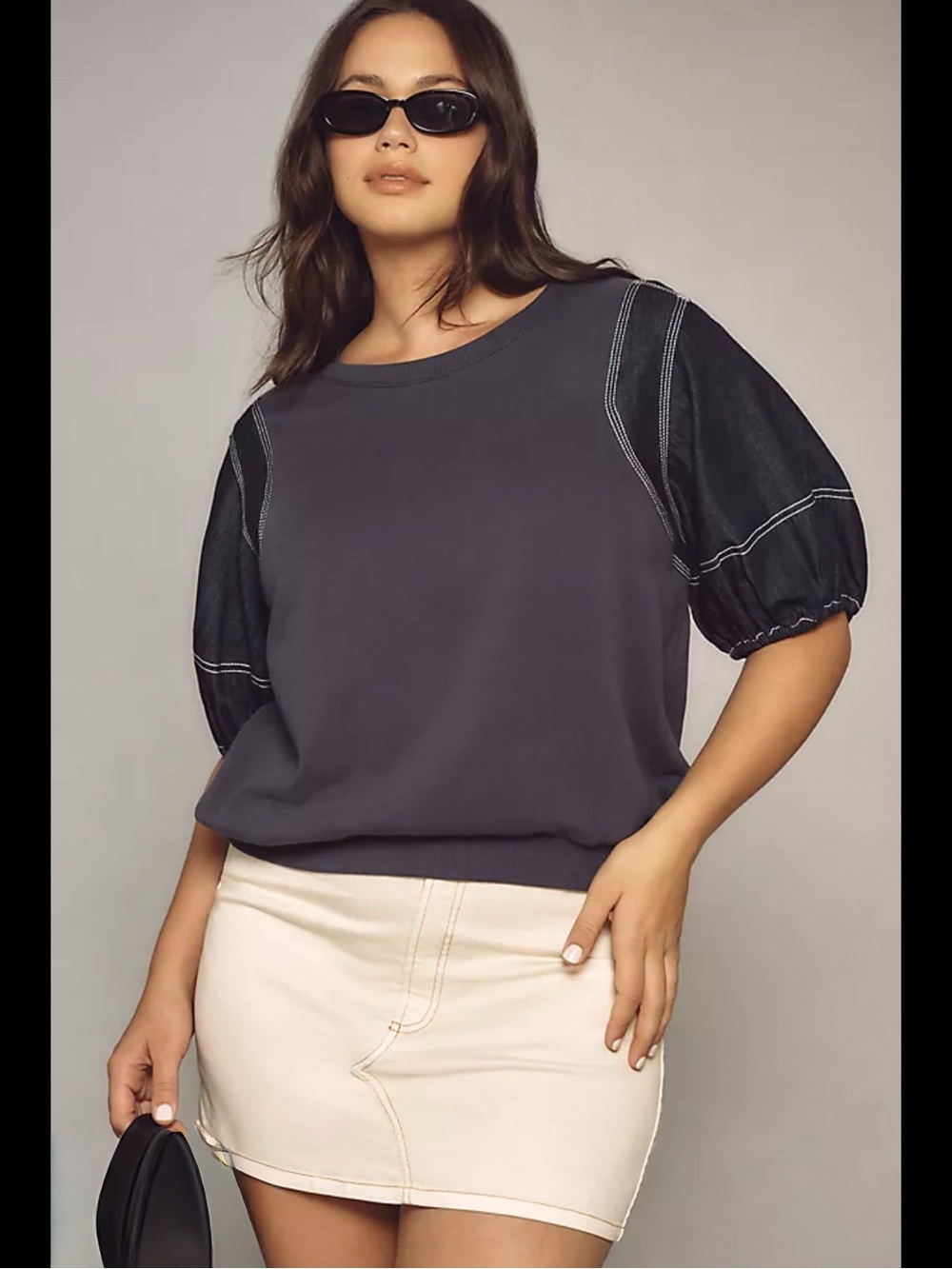 Pilcro Anthropologie Denim Short Sleeve Sweatshirt Blue Mixed Media Plus Size 3X